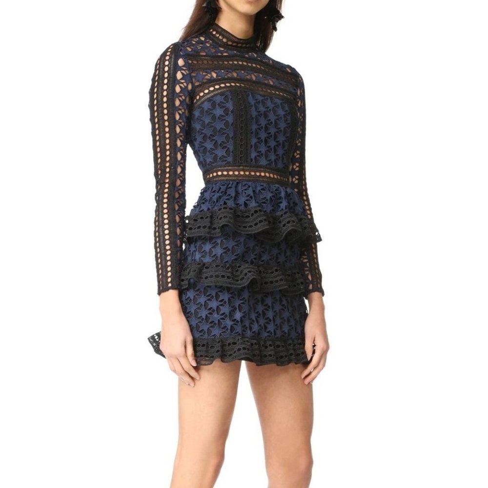 Self Portrait Blue Mini Dress Black Lace Tiered Ruffle Cutout Peplum 2